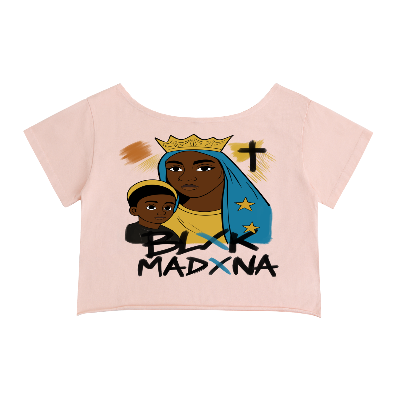 BLXK MADXNA- Off Shoulder Graphic Christian Tee