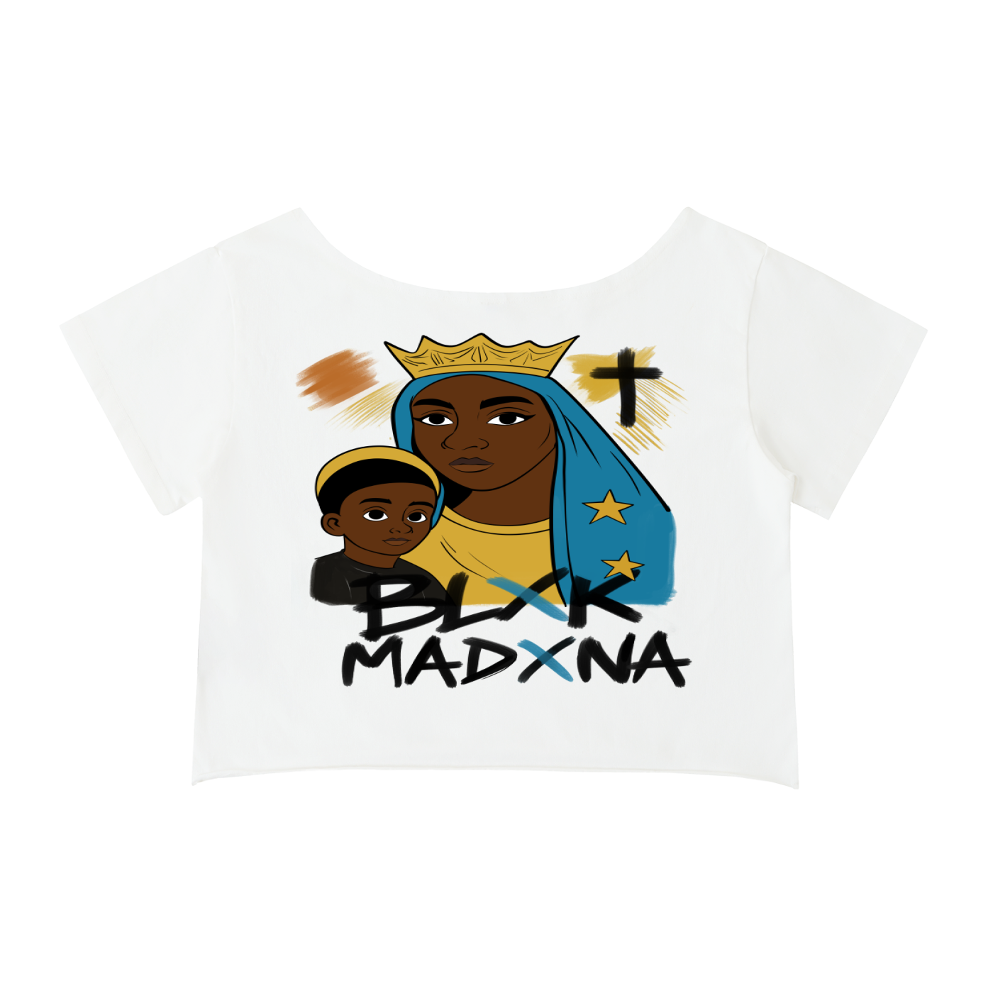 BLXK MADXNA- Off Shoulder Graphic Christian Tee